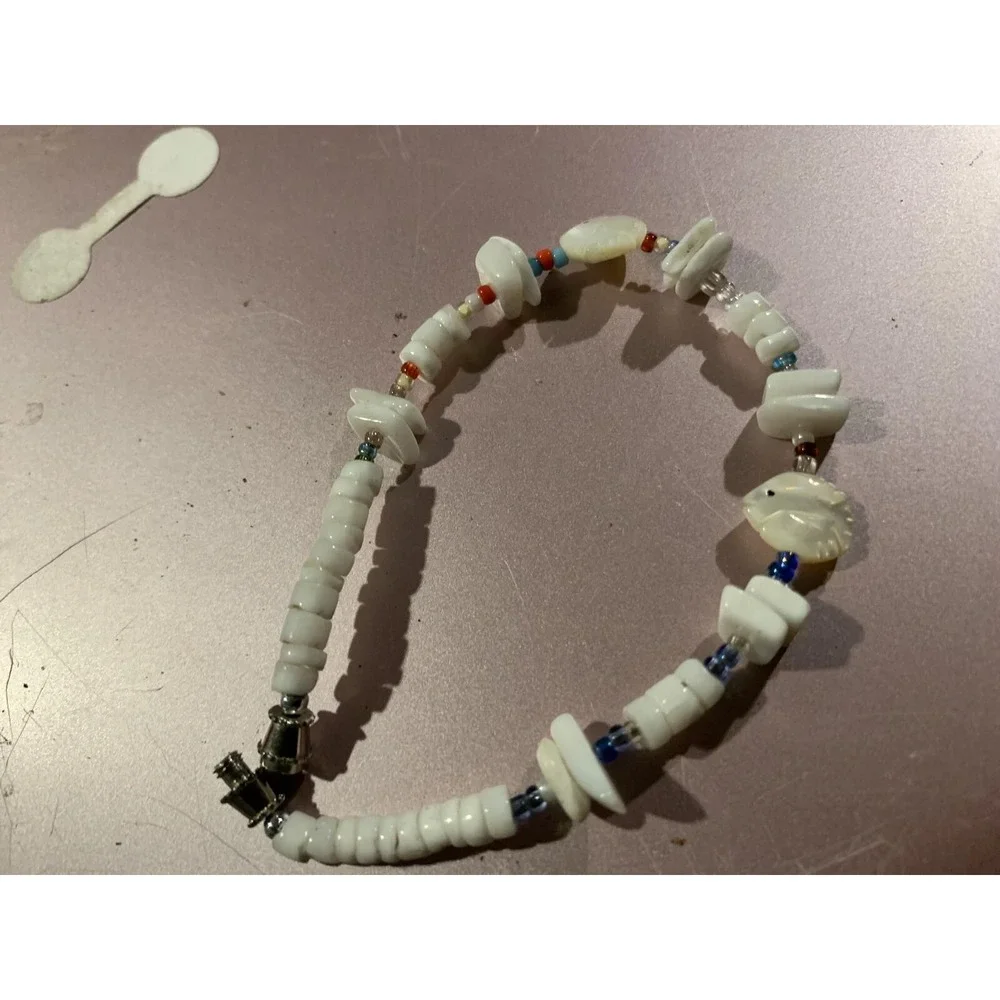 White Beaded Bracelet Multicolor Accent Shell Fish Beads Barrel Clasp Boho